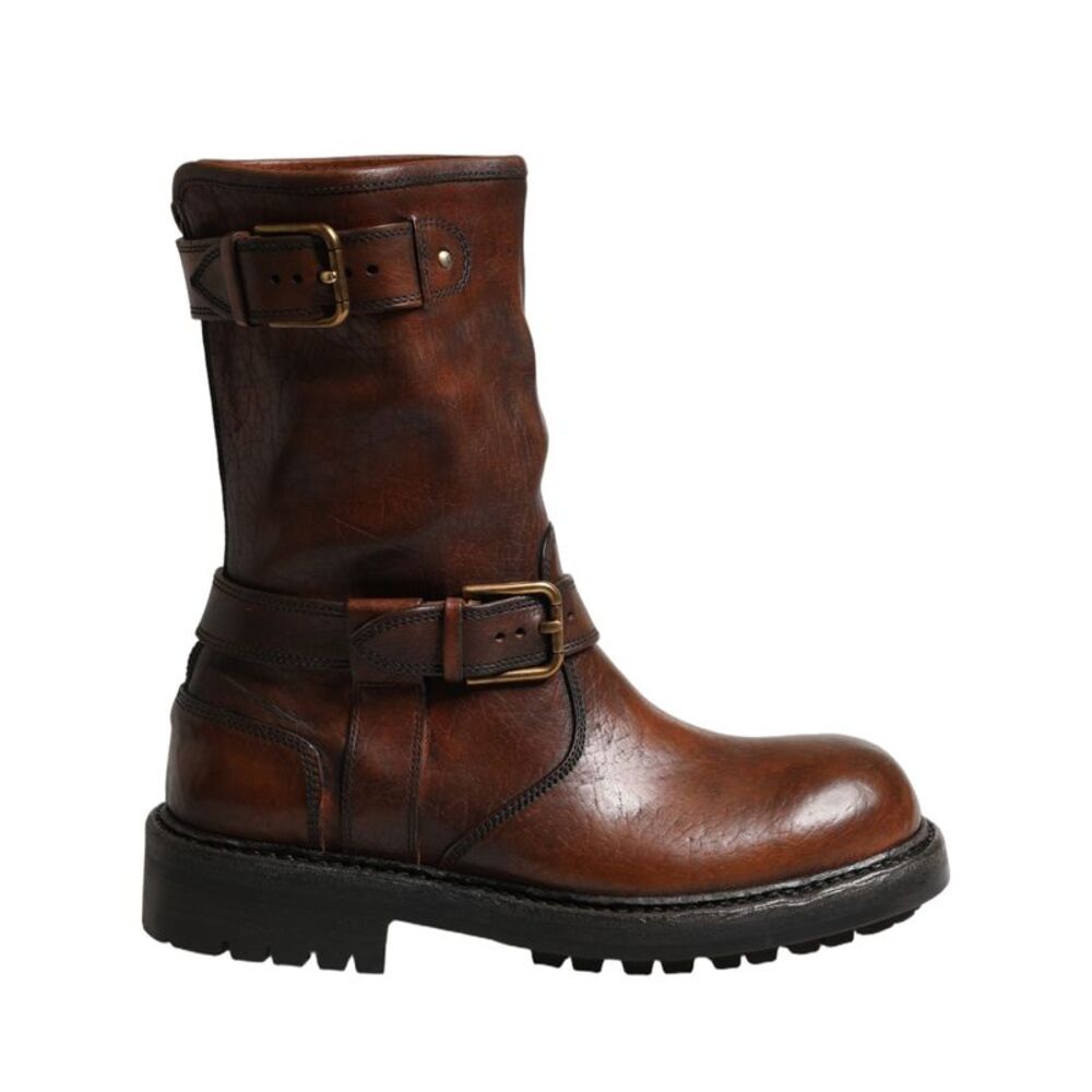 Dolce & Gabbana Brown Leather Mid Calf Biker Boots Men's Shoes